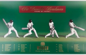 POSTERS: Limited edition "The Official Wisden Cricketer of the Century "Frame by Frame' Sir Donald Bradman print, numbered #1286 of 1500, 45x150cm, with CofA; also "Australian Test Cricketers 1876-77 to 1997-98" print showing an image and Test Match recor