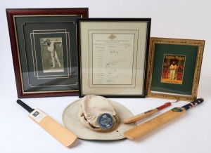 GROUP OF ITEMS: with framed & glazed 'Australian Team on Tour, 1961' Team Sheet (38x33cm), several signatures faded, approximately 15 clear signatures including Richie Benaud, Neil Harvey, Bill Lawry & Wally Grout; framed & glazed print (42x36cm) of 19th Century English Cricketer John Tunnicliffe with CofA stating it to be a "Genuine Antiquarian Cricket Print"; framed reproduction print of Colman's Mustard advert featuring W.G.Grace (30x25cm); three miniature cricket bats,