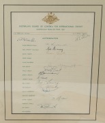 GROUP OF ITEMS: with framed & glazed&nbsp; 'Australian Team on&nbsp;Tour, 1961' Team Sheet (38x33cm), several signatures faded,&nbsp; approximately 15 clear signatures including Richie Benaud, Neil Harvey, Bill Lawry & Wally Grout; framed & glazed print (42x36cm) of 19t - 2