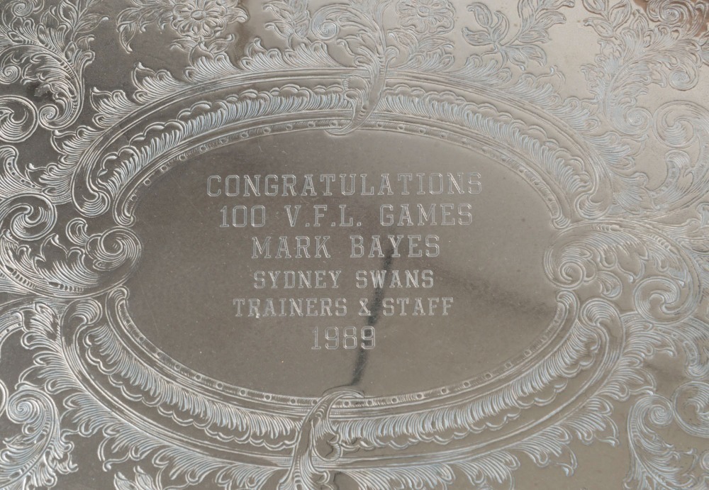 MARK BAYES - SYDNEY SWANS: oval salver presented to Bayes in 1989 for ...