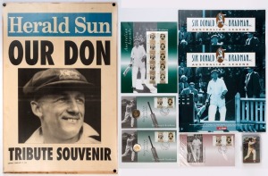 DON BRADMAN: selection of memorabilia with 2001 (Feb 27) laminated Herald Sun '"Our Don" Tribute Souvenir' newspaper hoarding (60x40cm), 1997 Australia Legends PNCs (2), 1997 Bradman FDC,  sheetlet of 45c stamps  and Bradman Museum set of playing cards, p