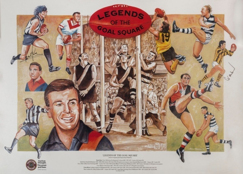 'LEGENDS OF THE GOAL SQUARE': large poster from an original 1996 oil painting by Bryan Membrey, featuring 10 goal-kicking legends, signed by two of them, namely Peter McKenna & Peter Hudson, overall 72x100cm.