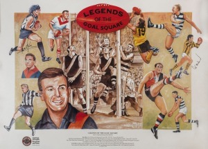 'LEGENDS OF THE GOAL SQUARE': large poster from an original 1996 oil painting by Bryan Membrey, featuring 10 goal-kicking legends, signed by two of them, namely Peter McKenna & Peter Hudson, overall 72x100cm.