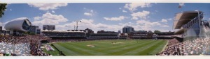PANORAMIC CRICKET PHOTOGRAPHS: Limited Edition selection comprising 1999 World Cup Final, Australia v Pakistan numbered #76 of 1500 (with plaque); plus two other limited edition panoramic views of Australia v England Test Matches held at The Gabba, circa late 1990s numbered #244 of 1500 and #215 of 1500 respectively; each 25x96cm. (3)