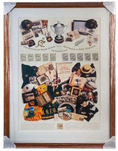 THE BLEDISLOE CUP: "The History of Rugby Union between Australia & New Zealand" commemorative poster with 10 signatures including Ken Catchpole, Mark Ella & David Campese of Australia and Colin Meads, Grant Fox & Sean Fitzpatrick of the All Blacks; limited edition #425 of 500; window mounted, framed and glazed, overall 115x85cm.