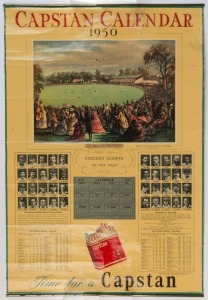1950 CAPSTAN 'GIANTS OF THE PAST' CRICKET CALENDER: poster-sized calender, showing the Test records of leading batsman and bowlers for England (on the left) and Australia (on the right), with a large colour image at the top of an 1873 game between England and Victoria at the MCG; 72x49cm, couple small holes, good condition overall, with the original Capstan wrapper.