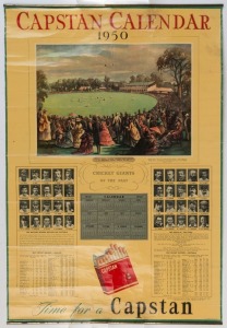 1950 CAPSTAN 'GIANTS OF THE PAST' CRICKET CALENDER: poster-sized calender, showing the Test records of leading batsman and bowlers for England (on the left) and Australia (on the right), with a large colour image at the top of an 1873 game between England