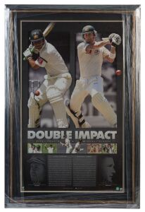 RICKY PONTING & MICHAEL CLARKE: "Double Impact" limited edition print numbered #49 of 200, featuring career biographies and a large colour image of both cricketers, SIGNED BY BOTH PLAYERS in silver marker pen; attractively framed & glazed, overall 100x68c