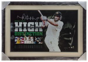 MICHAEL HUSSEY: "High Distinction" limited edition print numbered #298 of 1000, featuring Test, ODI & T20 career statistics and a large colour image of the cricketer, facsimile signature; framed & glazed, overall 69x99cm. 