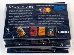 THE SYDNEY OLYMPIC FEDERATION ARCHIVES - COLLECTOR PINS: Olympic Games Mascots replica 'Telstra Phonecard' pins packs of 4, current retail $20+ per pack; 15 units in perfect condition as issued.