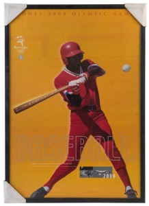 THE SYDNEY OLYMPIC FEDERATION ARCHIVES - POSTERS: framed official 'Sydney 2000' poster (with protective lacquer), promoting the Baseball event held at the Sydney Baseball Stadium and Blacktown Olympic Park; mounted on board, overall 87x62cm. The USA won the Gold Medal defeating Cuba 4-0; this was the first time Cuba had not won the Gold Medal since it became an Olympic medal sport.