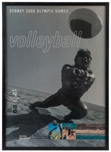 THE SYDNEY OLYMPIC FEDERATION ARCHIVES - POSTERS: framed official 'Sydney 2000' poster (with protective lacquer), promoting the Volleyball & Beach Volleyball events; mounted on board, overall 87x62cm. Natalie Cook & Kerri Pottharst won the Beach Volleyball gold medal for Australia defeating Brazil in the gold medal match, by 2 (sets) to 0.