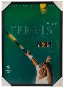 THE SYDNEY OLYMPIC FEDERATION ARCHIVES - POSTERS: framed official 'Sydney 2000' poster (with protective lacquer), promoting the Tennis events held at the NSW Tennis Centre; mounted on board, overall 87x62cm. The Men's Singles gold was won Yevgeny Kafelnikov (Russia) and the Women's Singles gold by Venus Williams (USA)