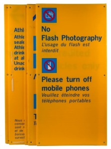 THE SYDNEY OLYMPIC FEDERATION ARCHIVES - OLYMPIC VENUE SIGNAGE: corflute blue on orange signage including 'Çonditions of entry to an Olympic Venue', 'Security Check Point', Áthlete's advice', a few with icons including 'No Flash Photography; all different, condition variable, each 120x60cm.