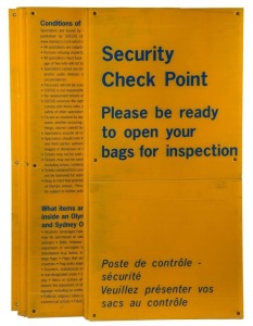 THE SYDNEY OLYMPIC FEDERATION ARCHIVES - OLYMPIC VENUE SIGNAGE: Corflute blue on orange signage stock comprising 'Çonditions of entry to an Olympic Venue' (12) and 'Security Check Point' (5); condition variable, each 120x60cm.(17)