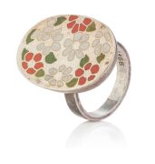 GEORG JENSEN Danish sterling silver and floral enamel ring, oval factory stamp "Georg Jensen, 925 Denmark, S. 165", 14.7 grams