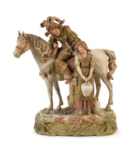 ROYAL DUX Austrian porcelain statue of a nobleman on horseback with a peasant girl, early 20th century, pink triangle mark to base, 39cm high, 40cm wide