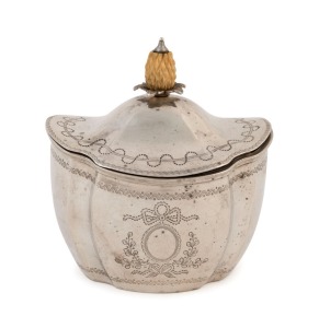 An unusual sterling silver tea caddy with engraved decoration and carved ivory pineapple finial, stamped "T.B." with London marks for 1902, 10cm high, 160 grams total