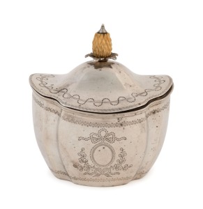 An unusual sterling silver tea caddy with engraved decoration and carved ivory pineapple finial, stamped "T.B." with London marks for 1902, ​​​​​​​10cm high, 160 grams total
