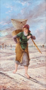 CHARLES FUCHS (1803 - 1874), (Collecting cockles), Lithograph in colours on glazed porcelain plaque, signed lower left, 38 x 20cm.