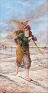 CHARLES FUCHS (1803 - 1874), (Collecting cockles), Lithograph in colours on glazed porcelain plaque, signed lower left, 38 x 20cm.