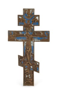 Old Believers Russian crucifix, cast bronze and blue enamel, 19th century, 36.5cm high