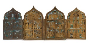 Old Believer's Russian four-fold icon, cast bronze and enamel, 19th century, 18cm high, 41cm wide overall