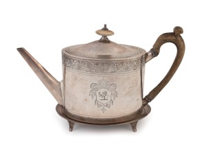 A Georgian teapot, together with a matching four-footed stand; with maker's mark "I.D." for James Darquits Jnr. to the teapot, and "T.R" to the stand, both marked London, 1795, (2 items), 17cm high overall, 595 grams total