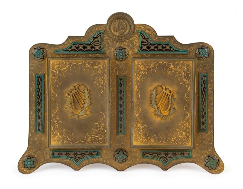 An antique French gilt bronze and enamel twin standing picture frame, 19th century, ​​​​​​​27cm high, 33cm wide