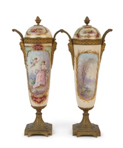 SEVRES pair of French porcelain mantel urns with gilt metal mounts, 19th century, Sevres factory marks to lids, 46cm high