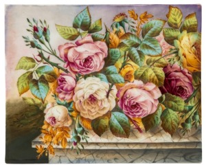 An antique porcelain plaque hand-painted with rose decoration, 19th century, 21.5 x 26.5cm