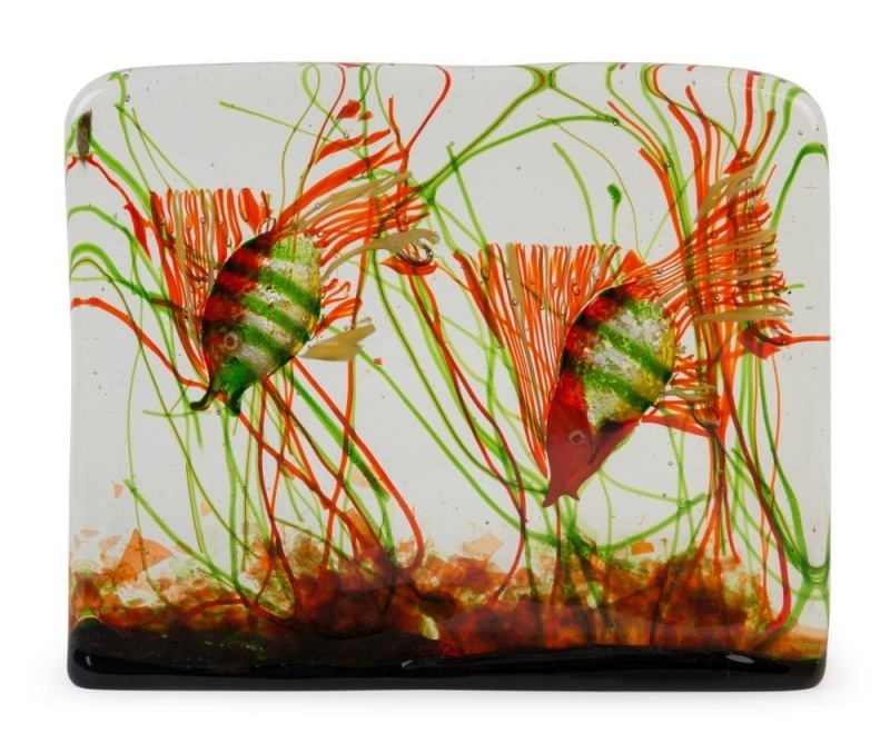 CENEDESE Murano glass Aquarium fish block with two fish, by ALFREDO BARBINI, circa 1960, ​​​​​​​19cm high, 23.5cm wide, 6cm deep