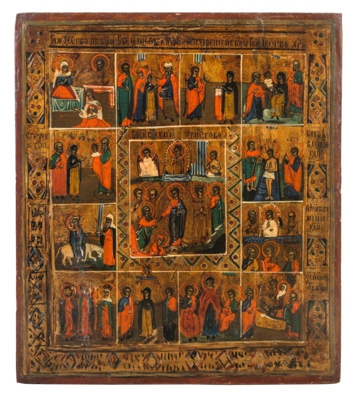 The Twelve Great Feasts antique icon with the Resurrection in the centre, Balkans origin, 19th century, ​​​​​​​35 x 31cm