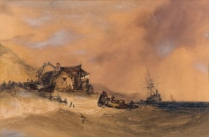 THOMAS SEWELL ROBINS (Britain, 1810-1880), attributed, (unloading ashore, Dover coast), watercolour, 29 x 43cm, 52 x 66cm overall