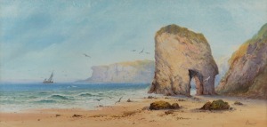 ARTIST UNKNOWN (Britain), (off Perranporth Beach, Cornwall), watercolour, signed lower right (illegible), 23 x 47cm, 40 x 65cm overall