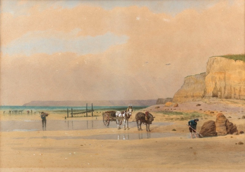 ALFRED TIDY (Britain, 1808-1892), attributed, Seaweed Gathers, Cornwall, watercolour, 32 x 46cm, 56 x 74cm overall