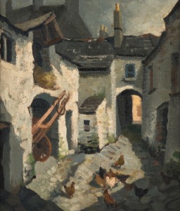 ARTIST UNKNOWN (French school), (farm courtyard), oil on board, ​​​​​​​remains of gallery label verso (illegible), 49 x 42cm, 61 x 53cm overall