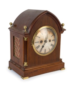 WINTERHALDER & HOFMEIER German bracket clock in mahogany lancet case with twin train quarter striking movement, early 20th century, 38cm high