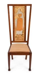 An English Arts & Crafts high back walnut chair with tapestry back titled "SAINT FRIDESWYDE", early 20th century, 119.5cm high, 47.5cm wide, the seat 40cm high