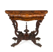 A fine antique English burr walnut fold-over card table, circa 1870, original finish and patination throughout, 74cm high, 99cm wide, 47cm deep (extends to 94cm deep)