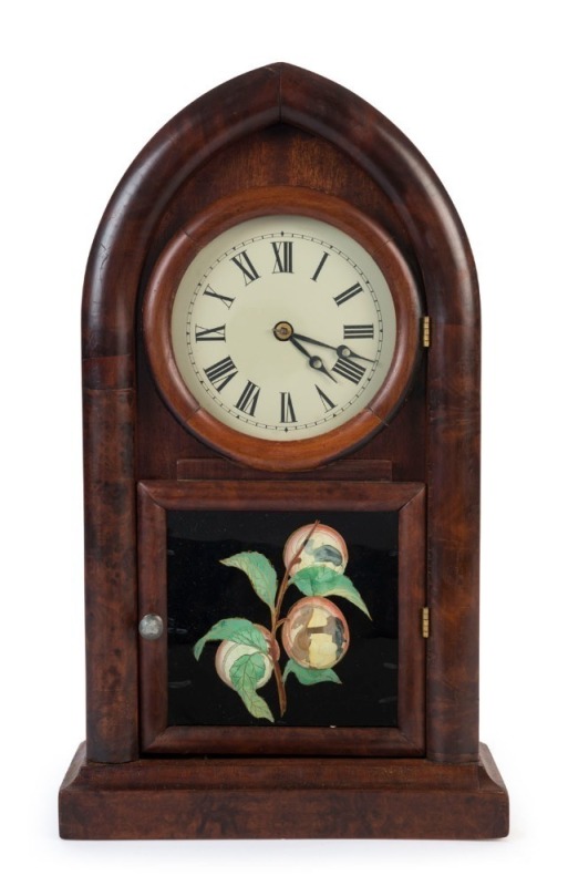 JEROME "Round Gothic" American beehive shelf clock in walnut case with hand-painted glass door with fruit motif, time and strike movement and Roman numerals, 19th century, remains of original label inside the door, 49cm high 