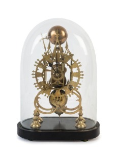 An antique English scroll and steeple framed skeleton clock with single train chain fusee movement with single passing strike on a bell on the hour, housed in glass dome, 19th century, 41cm high