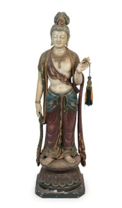 GUANYIN antique Chinese polychrome finished carved wooden statue in the Ming style.  123cm high