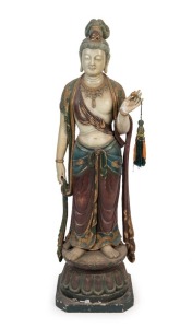 GUANYIN antique Chinese polychrome finished carved wooden statue in the Ming style. 123cm high