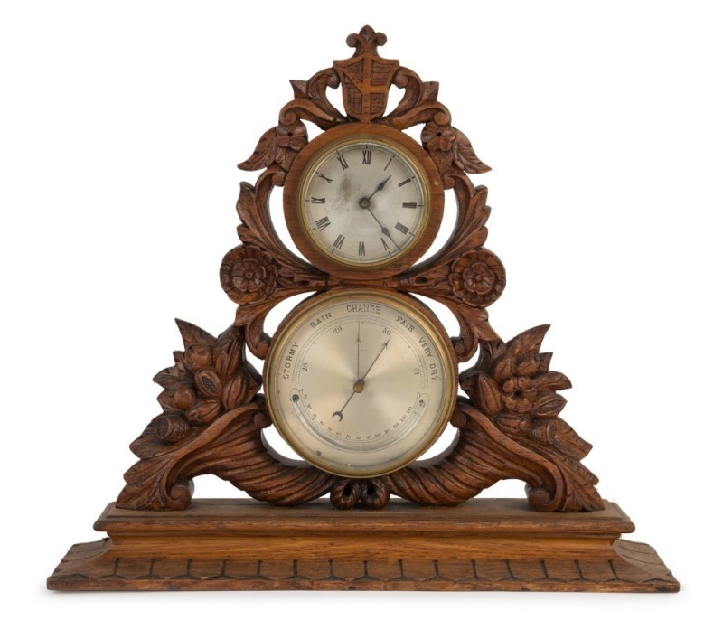 An antique weather station clock in ornately carved oak case with time only movement, mercury thermometer and barometer, 19th century, ​​​​​​​40cm high