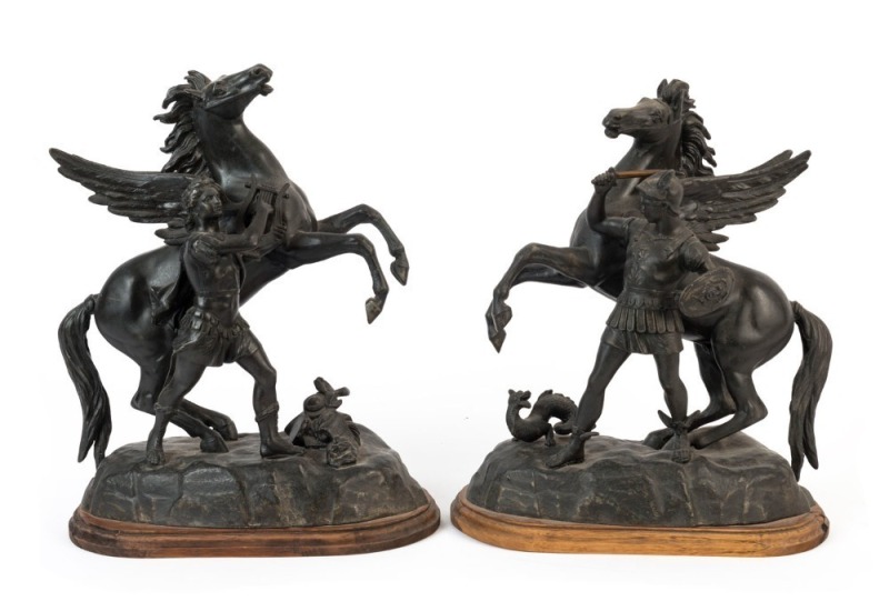 A pair of antique classical style "Pegasus" statues in cast and patinated spelter on wooden bases, 19th century, ​​​​​​​37cm and 39cm high