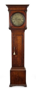 An antique English twin weight long-case grandfather clock with engraved brass dial marked "WAINWRIGHT, NOTTINGHAM" in oak case, late 18th century, ​​​​​​​212cm high