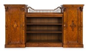 A fine antique English burr walnut two door break-front bookcase, 19th century, ​​​​​​​137cm high, 245cm wide, 53cm deep