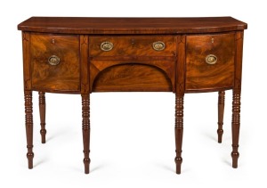 A George III mahogany sideboard with string inlay and six legs, circa 1800, 91cm high, 137cm wide, 60cm deep