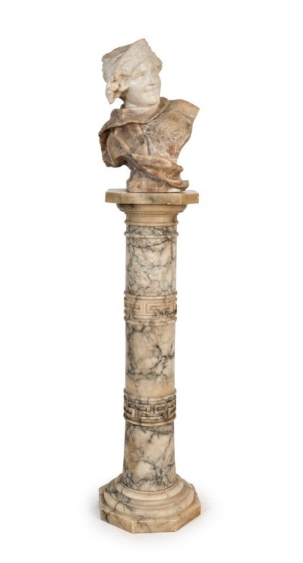 An antique carved alabaster bust on pedestal, 19th century, 167cm high overall